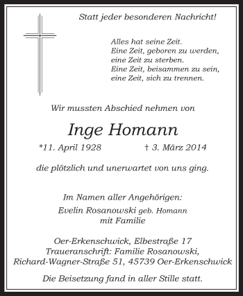 Traueranzeige von Inge Homann von Medienhaus Bauer